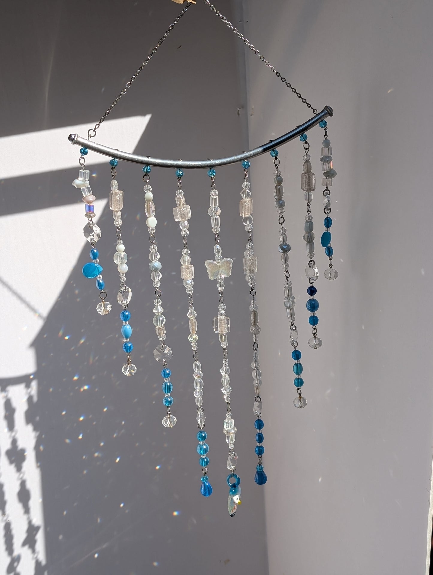 Teal + White with Owl Crystal Sun Catcher for Windows