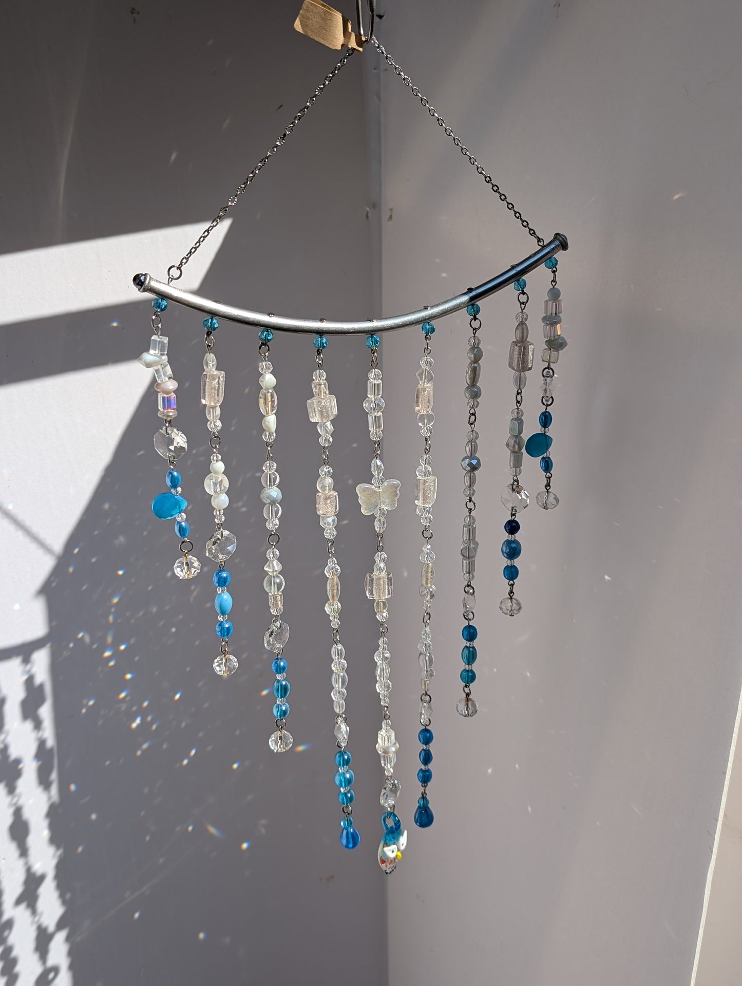 Teal + White with Owl Crystal Sun Catcher for Windows