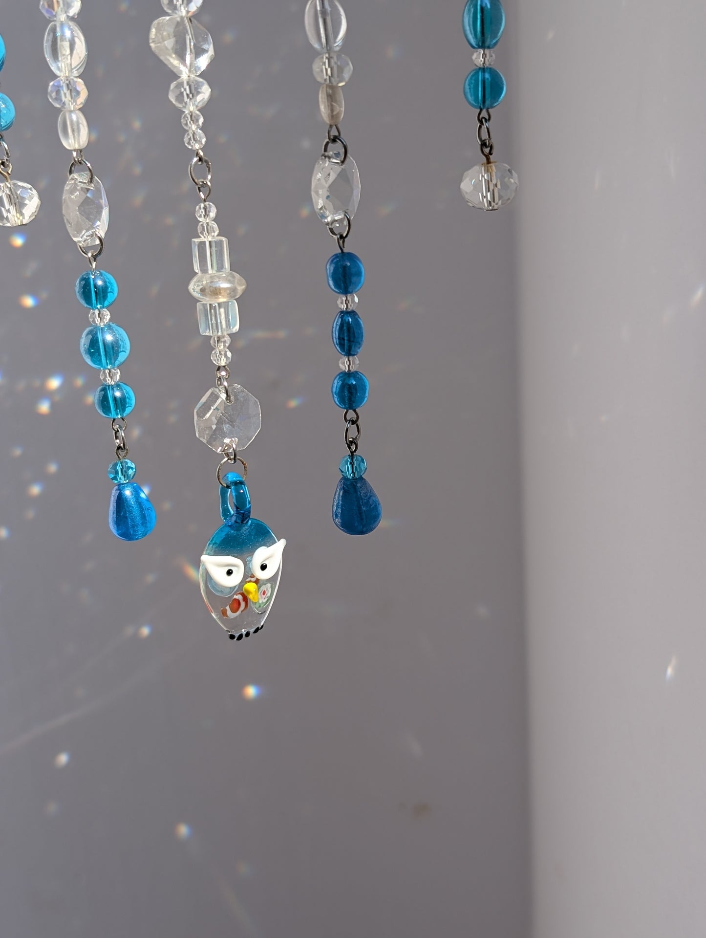 Teal + White with Owl Crystal Sun Catcher for Windows