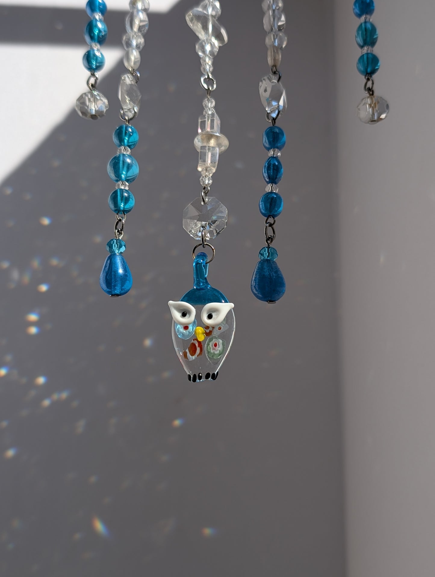 Teal + White with Owl Crystal Sun Catcher for Windows