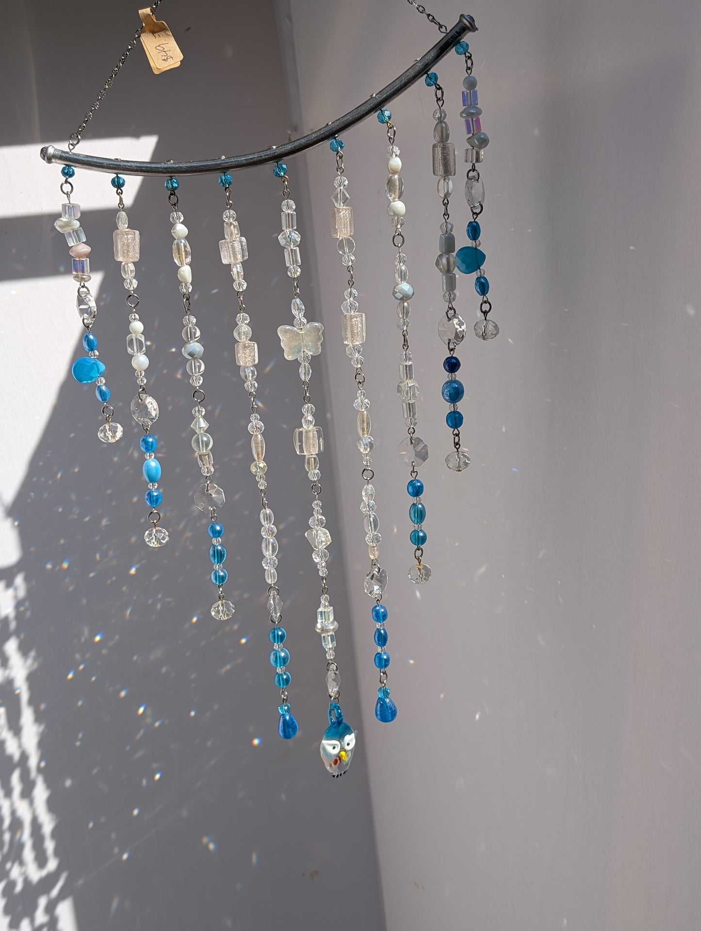 Teal + White with Owl Crystal Sun Catcher for Windows