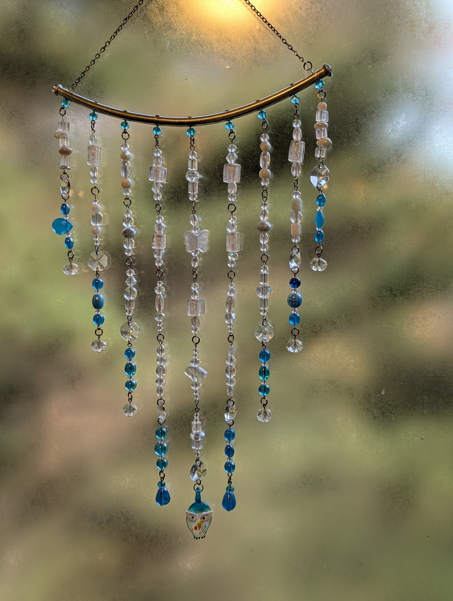 Teal + White with Owl Crystal Sun Catcher for Windows