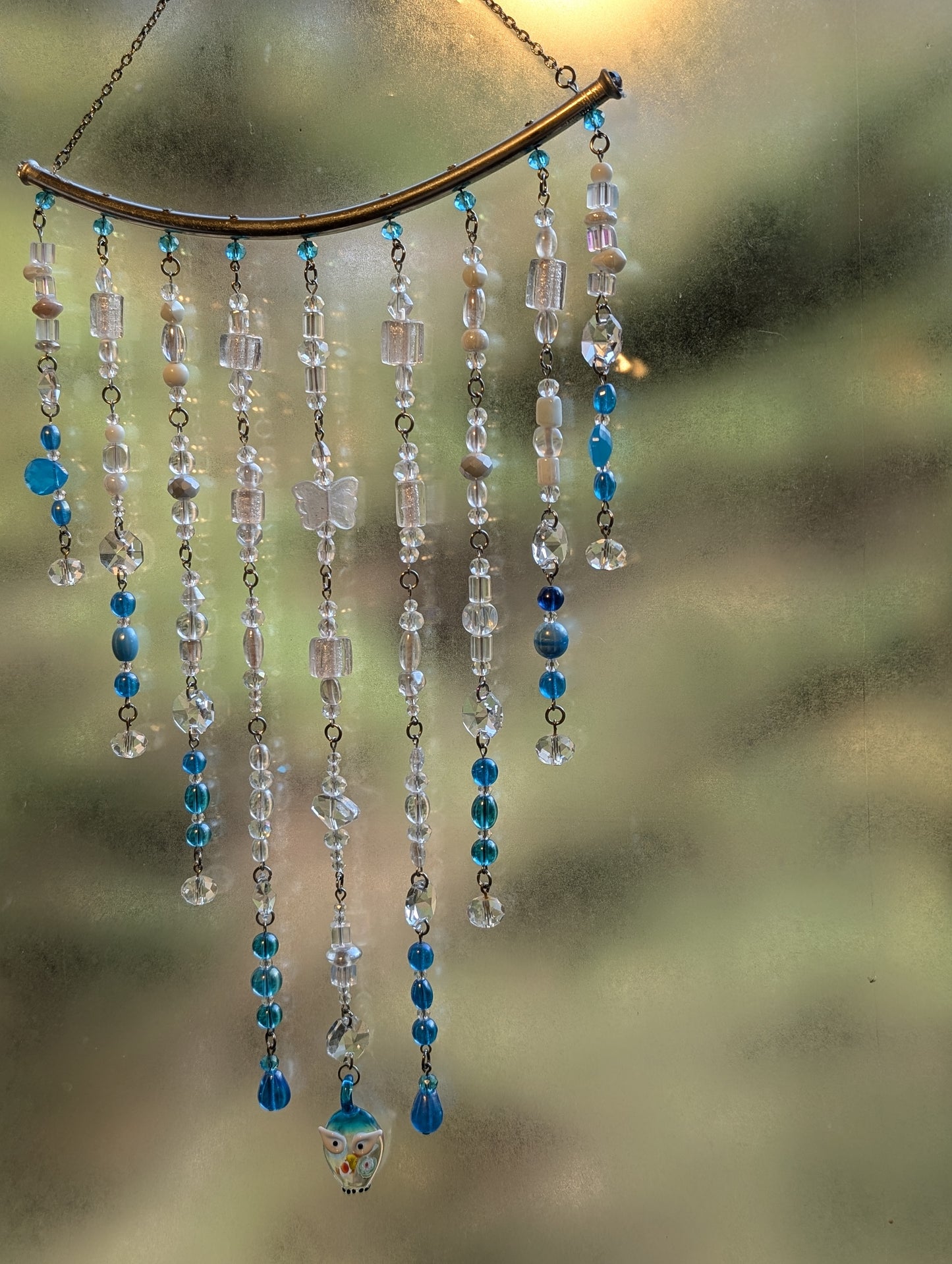 Teal + White with Owl Crystal Sun Catcher for Windows