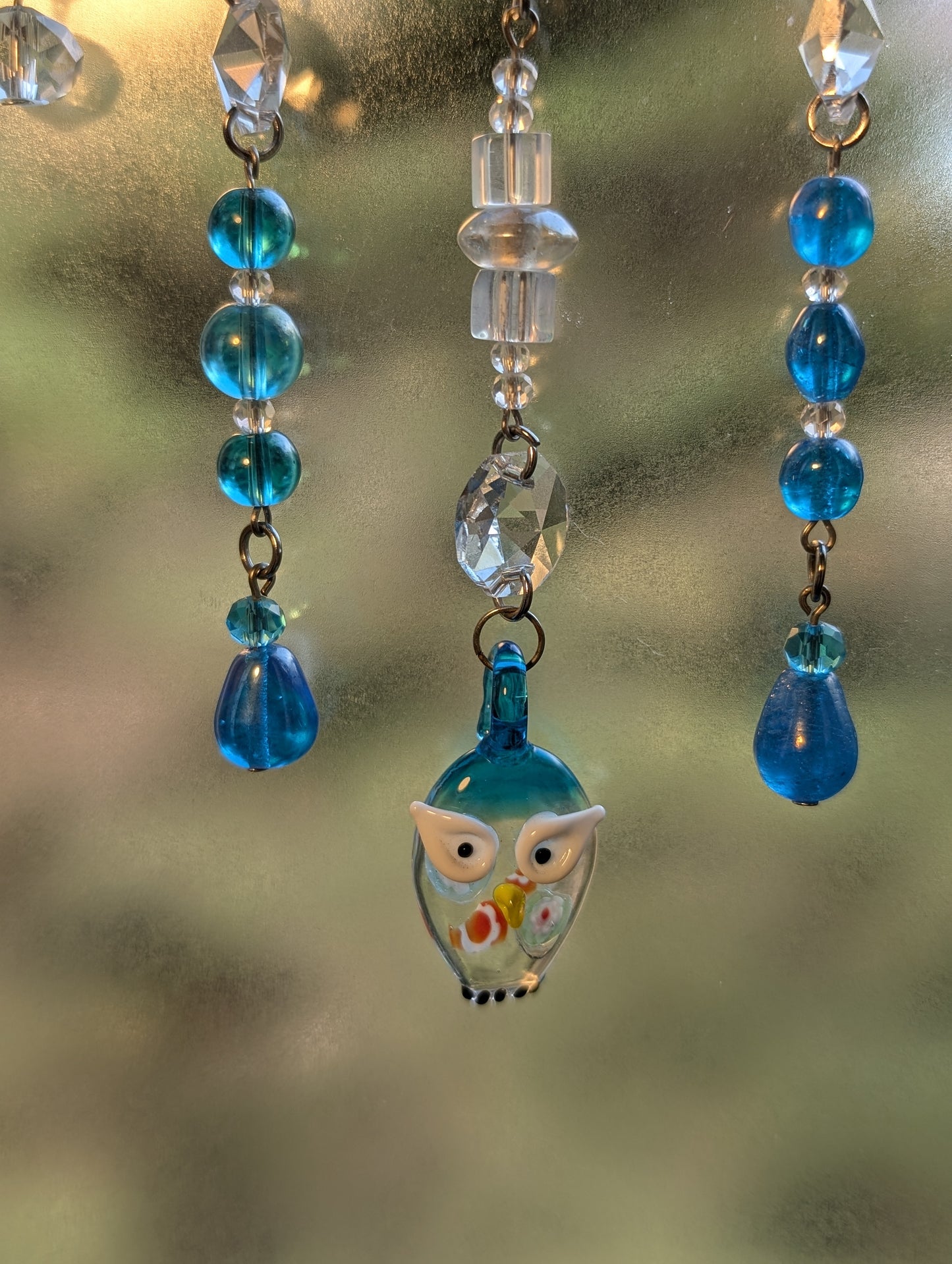 Teal + White with Owl Crystal Sun Catcher for Windows