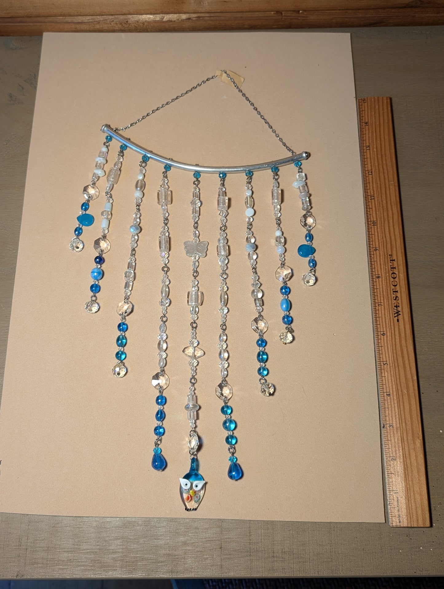 Teal + White with Owl Crystal Sun Catcher for Windows