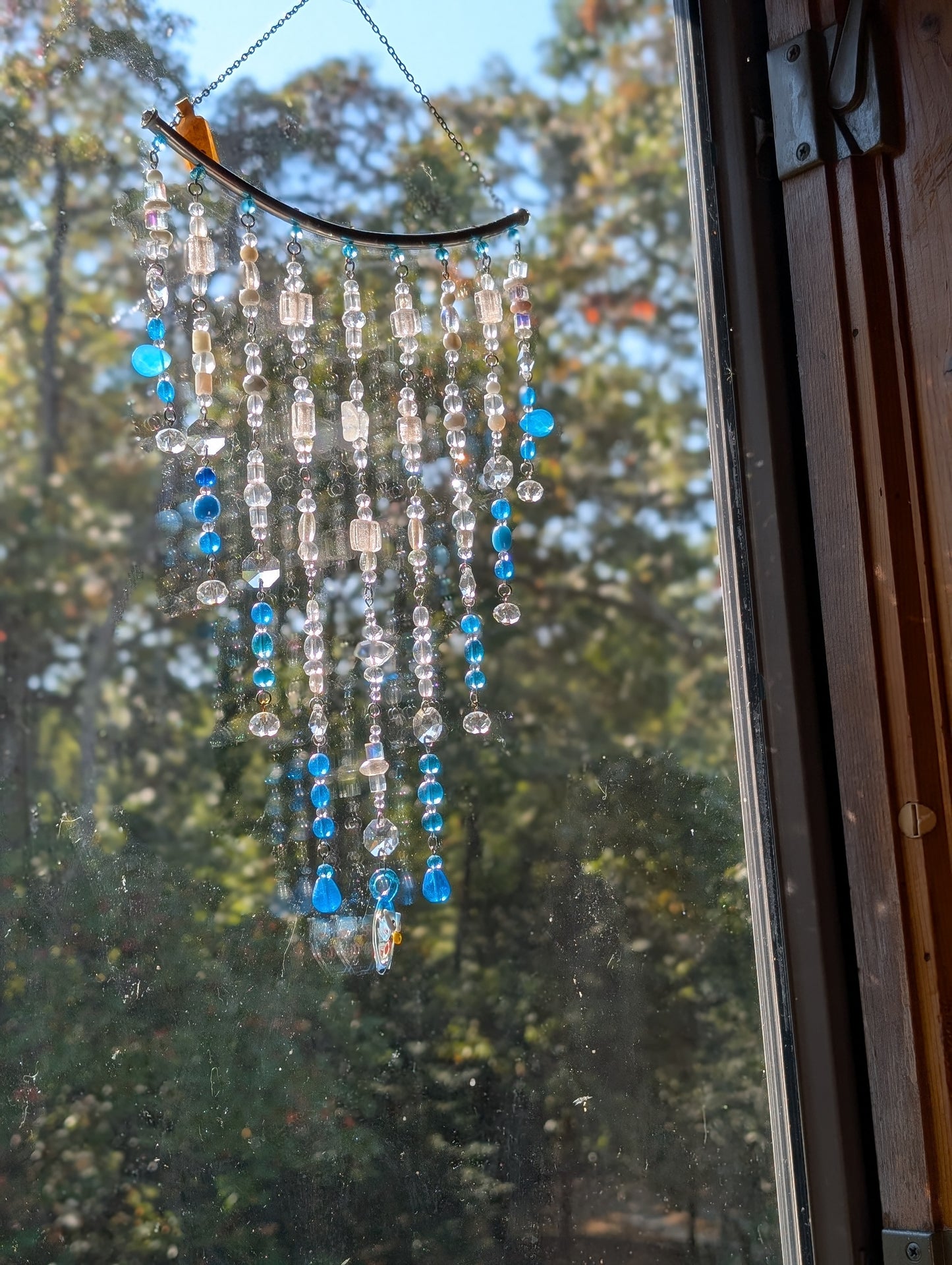 Teal + White with Owl Crystal Sun Catcher for Windows
