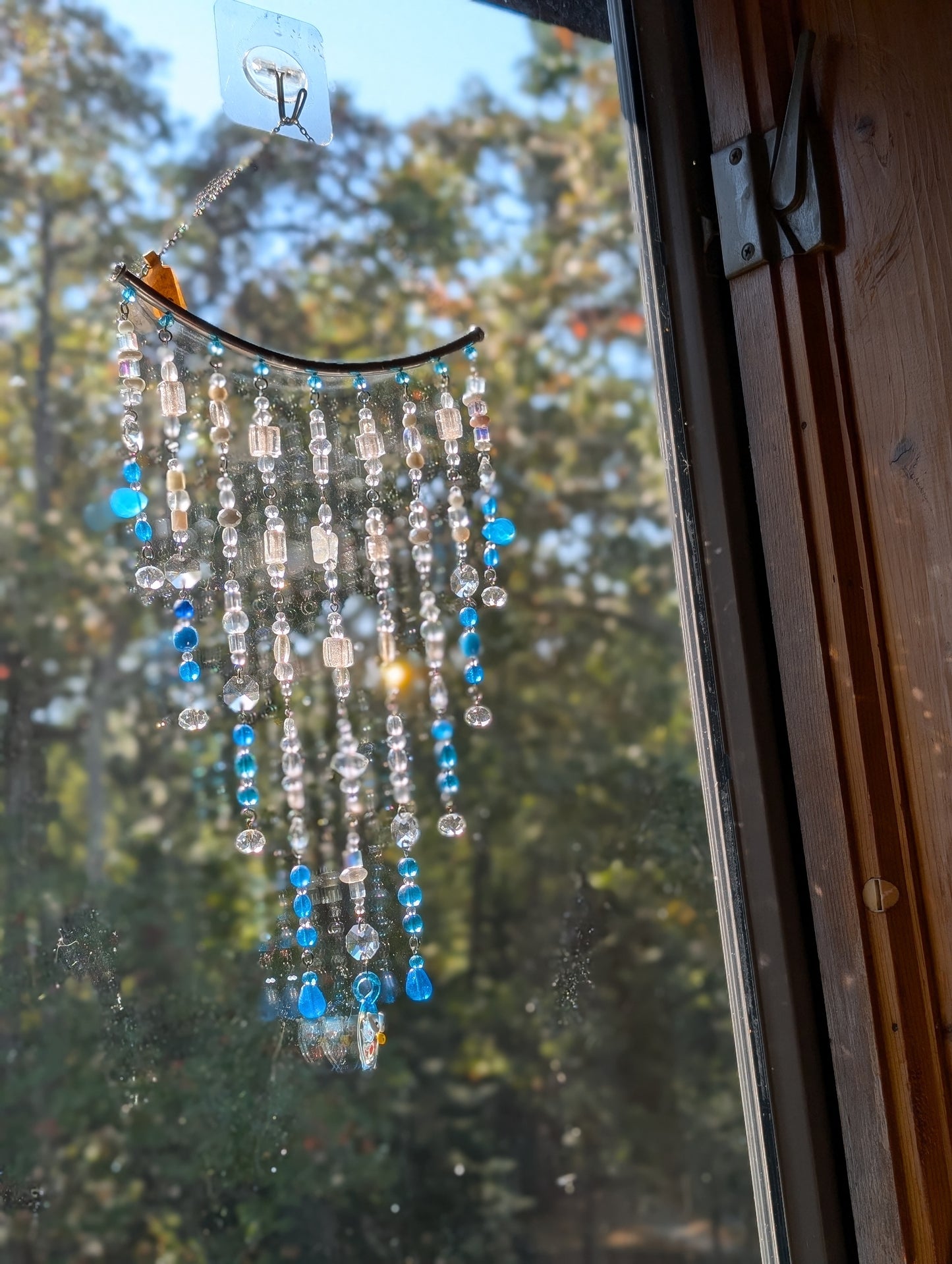 Teal + White with Owl Crystal Sun Catcher for Windows