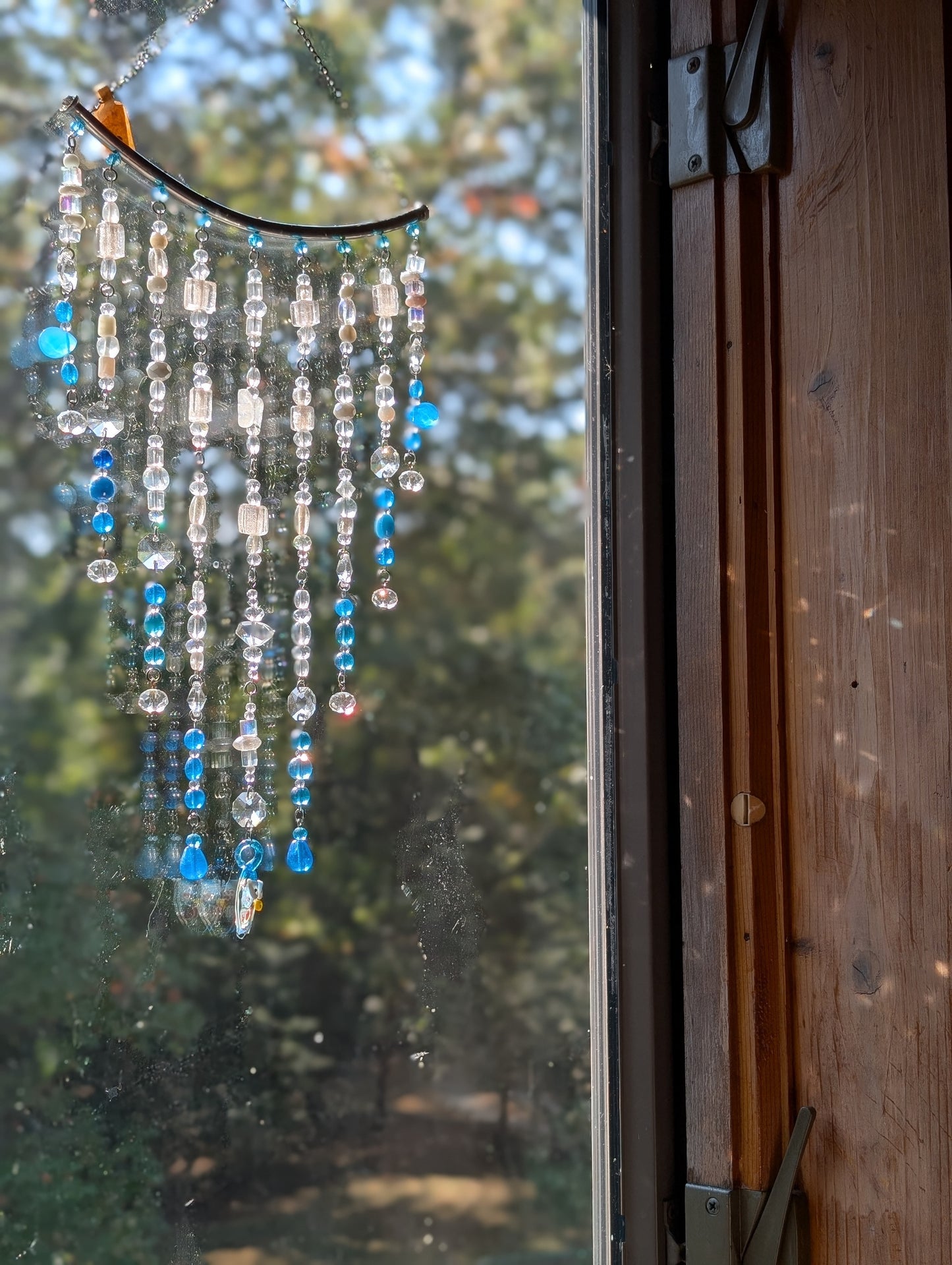 Teal + White with Owl Crystal Sun Catcher for Windows