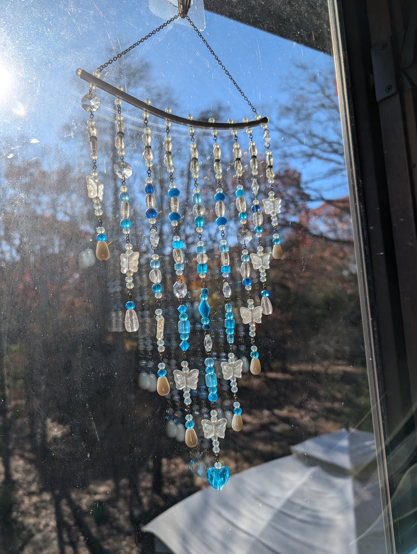 Teal + White with Heart Crystal Sun Catcher for Windows