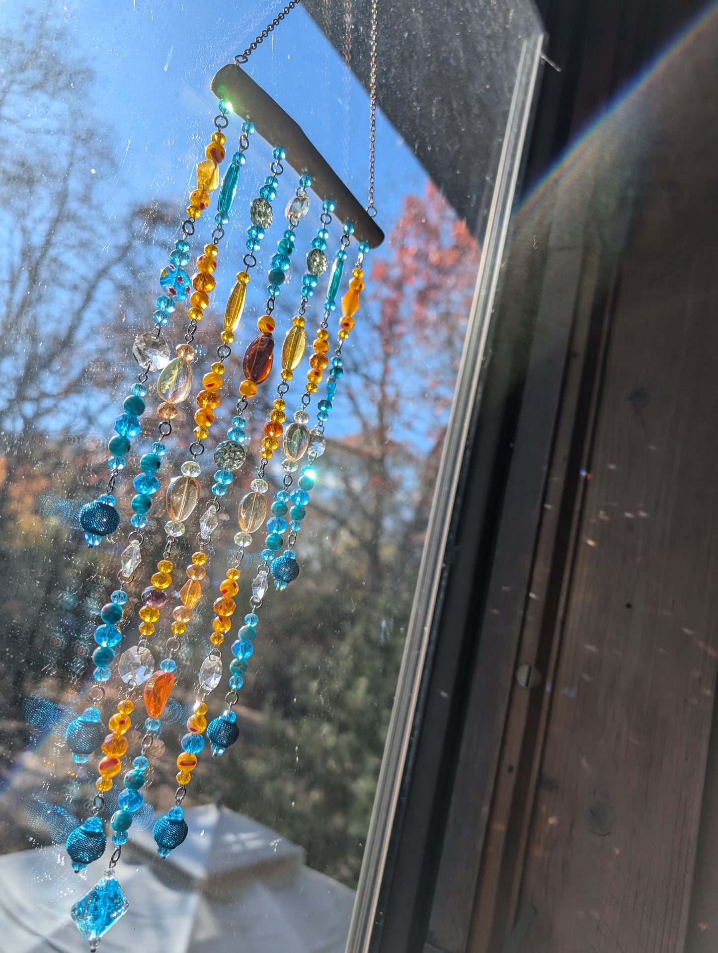 One of a Kind Driftwood Sun Catcher for Window Teal and Orange