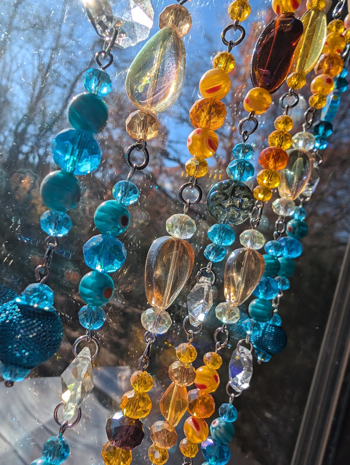 One of a Kind Driftwood Sun Catcher for Window Teal and Orange