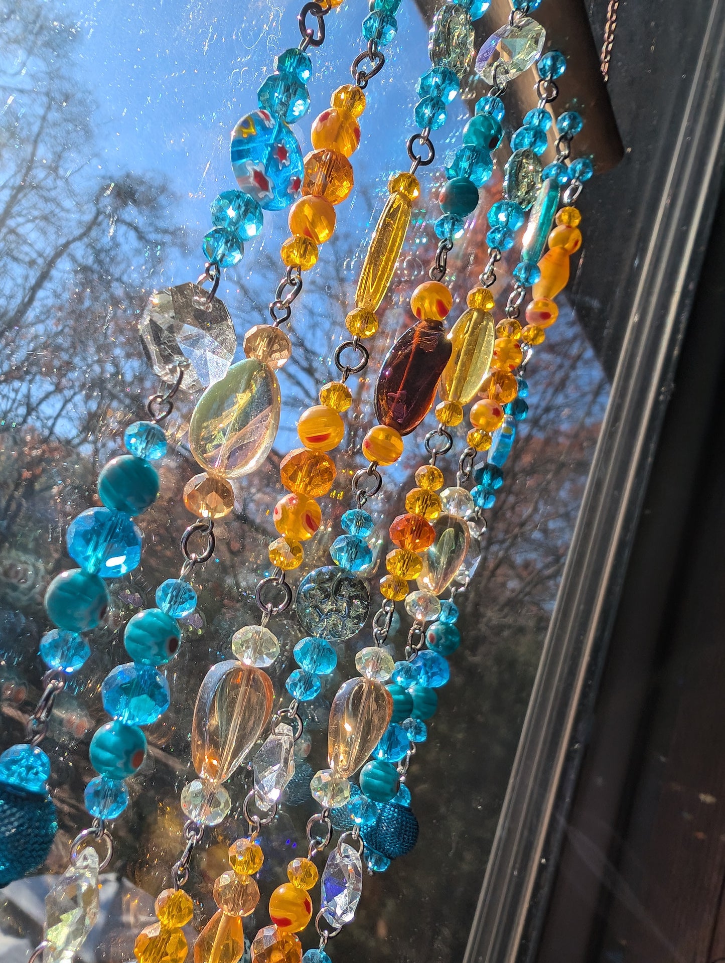One of a Kind Driftwood Sun Catcher for Window Teal and Orange