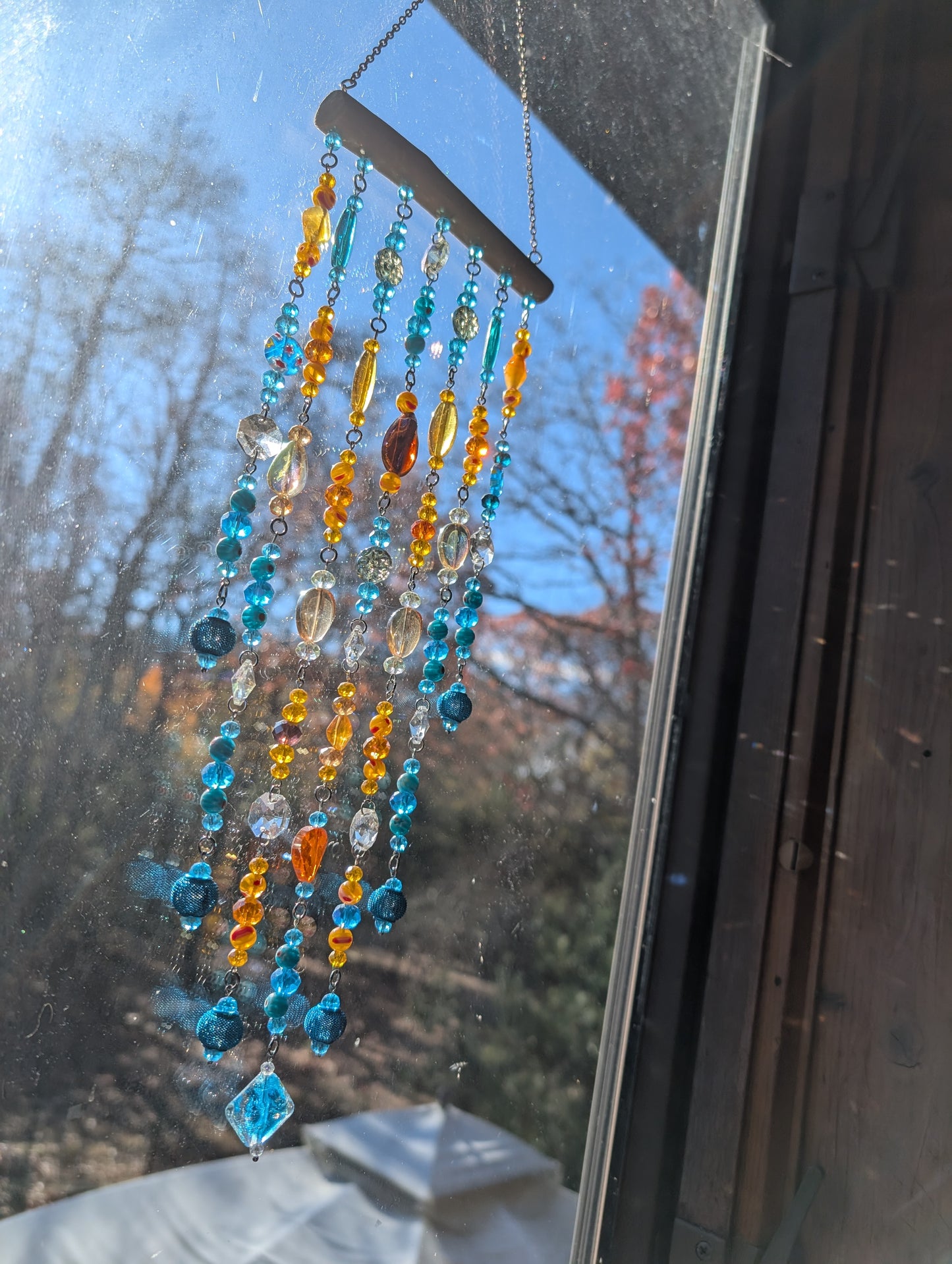 One of a Kind Driftwood Sun Catcher for Window Teal and Orange