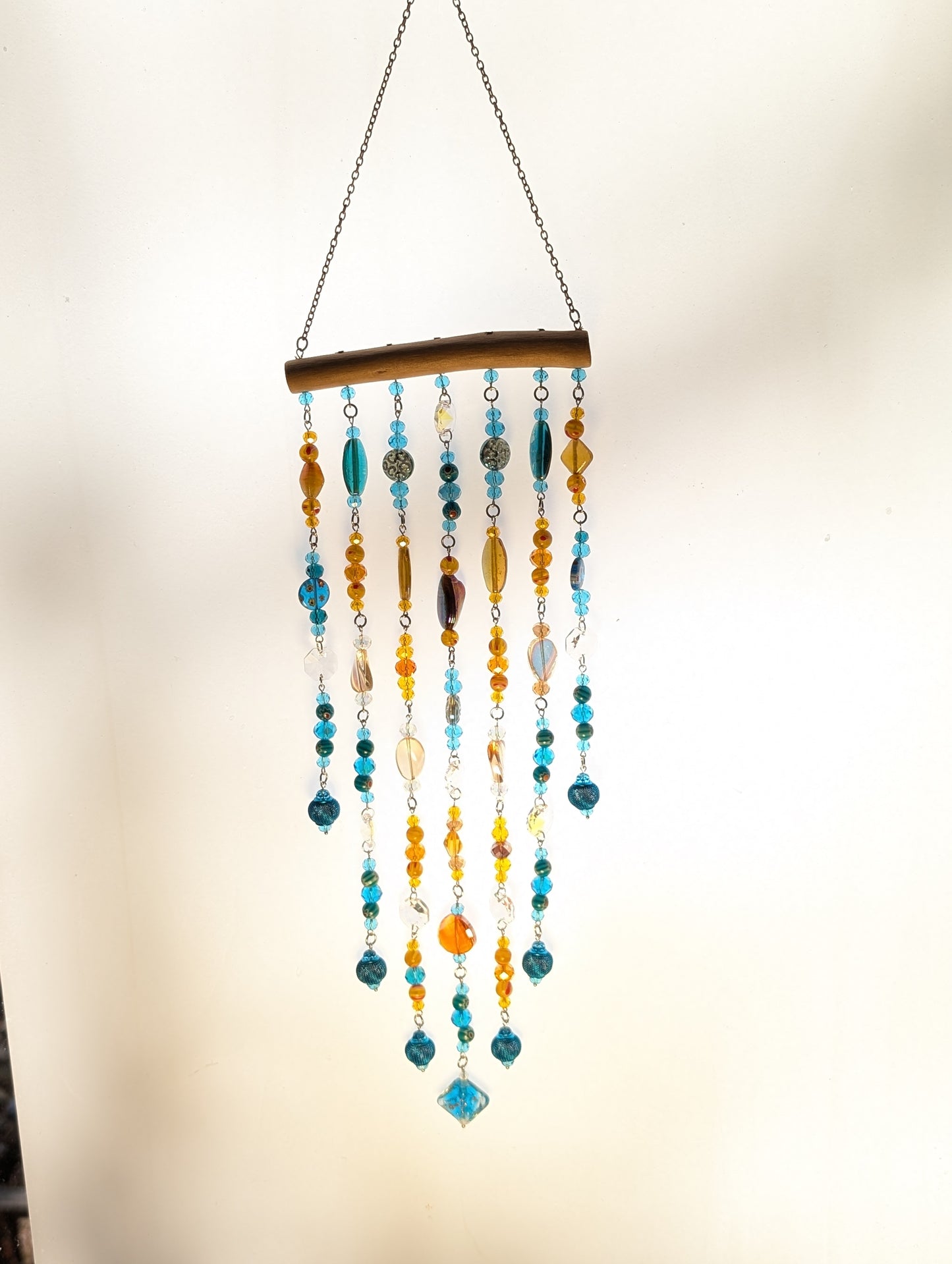 One of a Kind Driftwood Sun Catcher for Window Teal and Orange