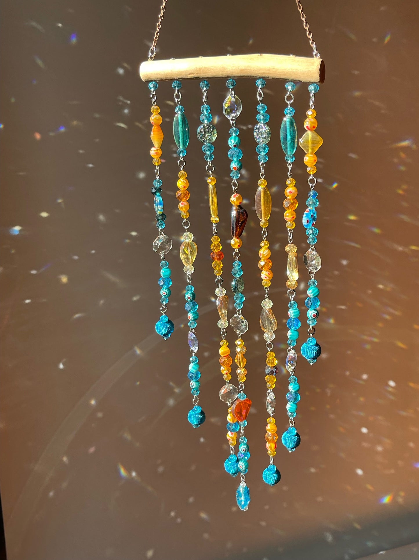 One of a Kind Driftwood Sun Catcher for Window Teal and Orange