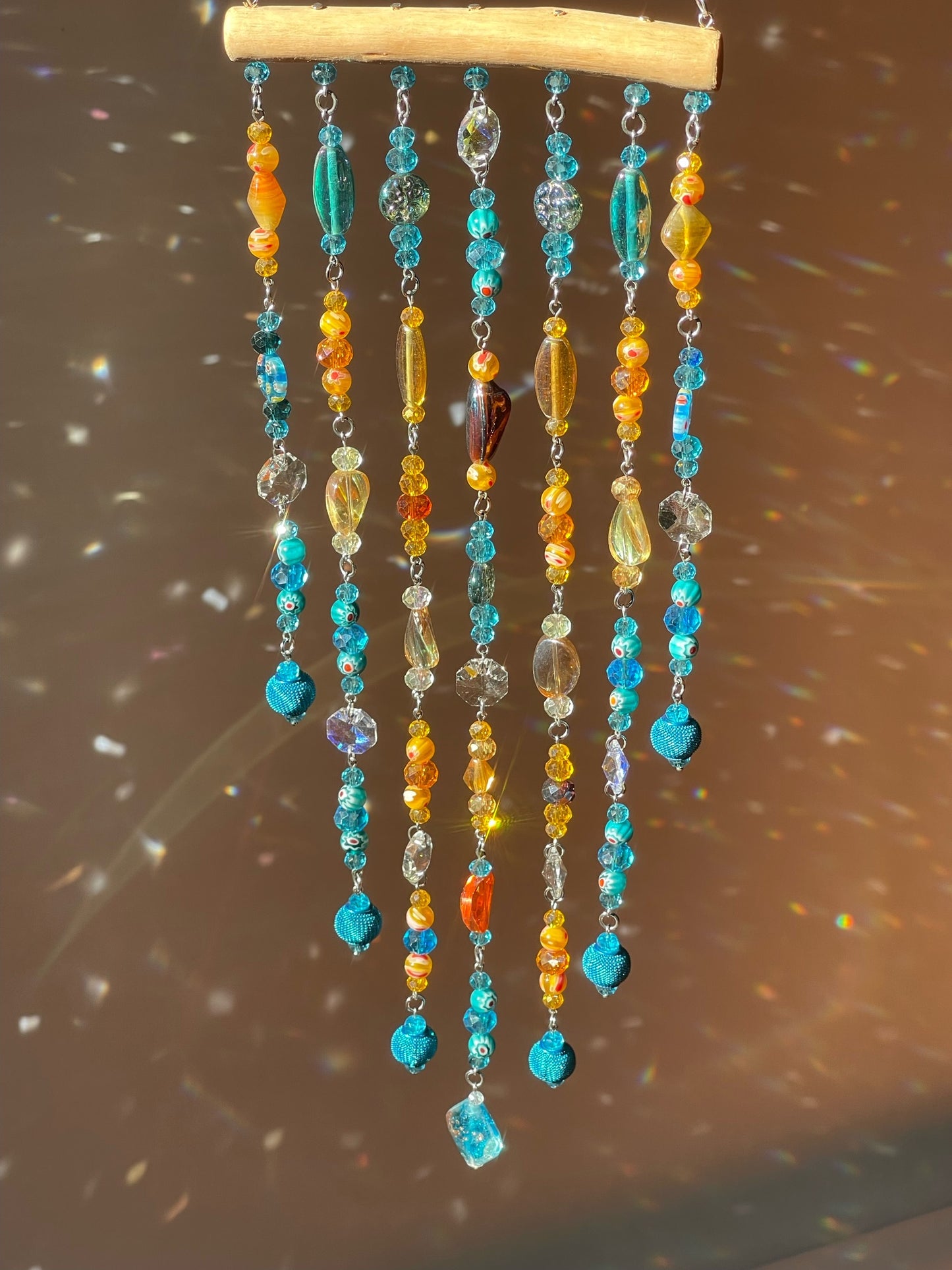 One of a Kind Driftwood Sun Catcher for Window Teal and Orange