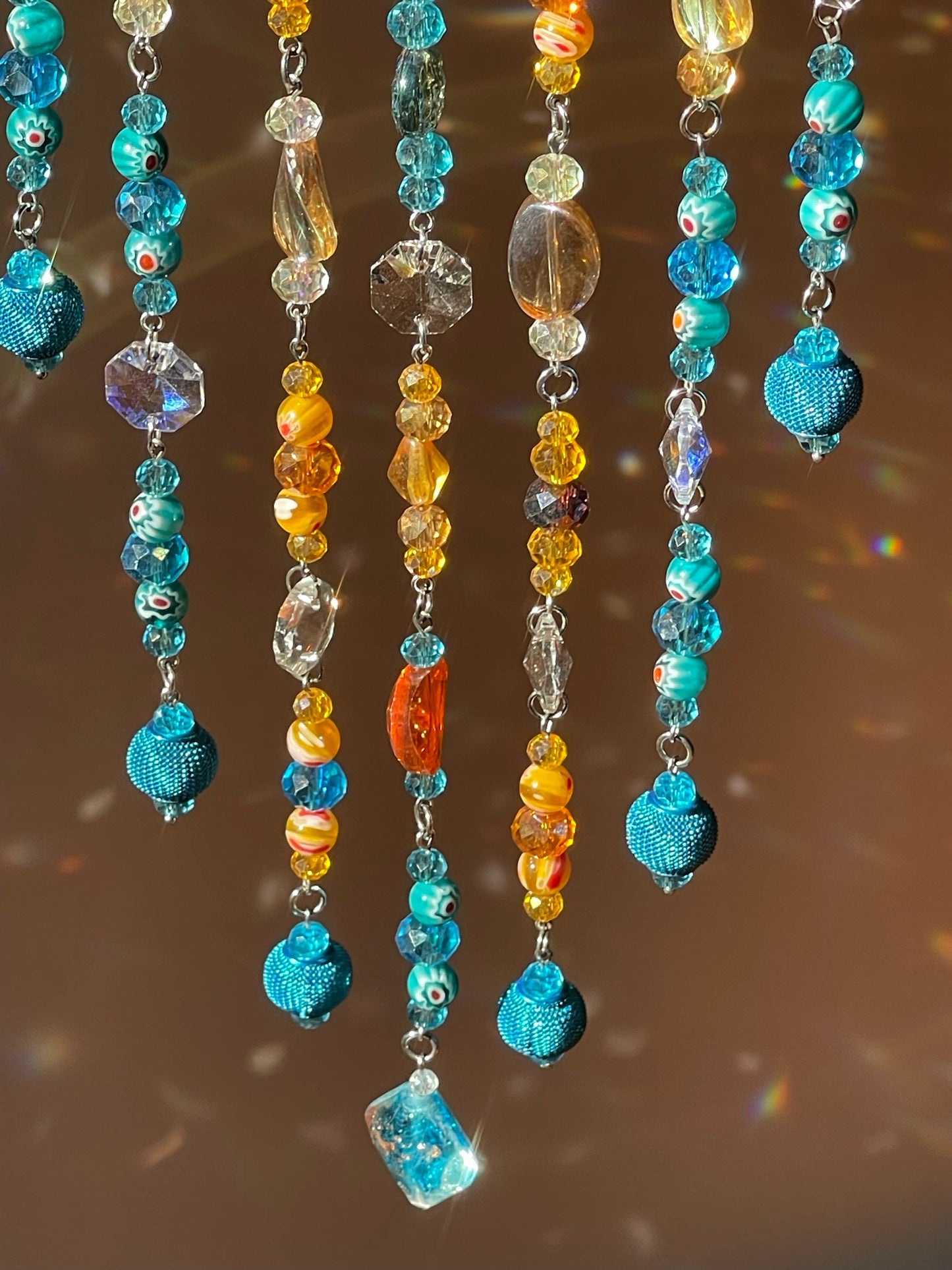 One of a Kind Driftwood Sun Catcher for Window Teal and Orange