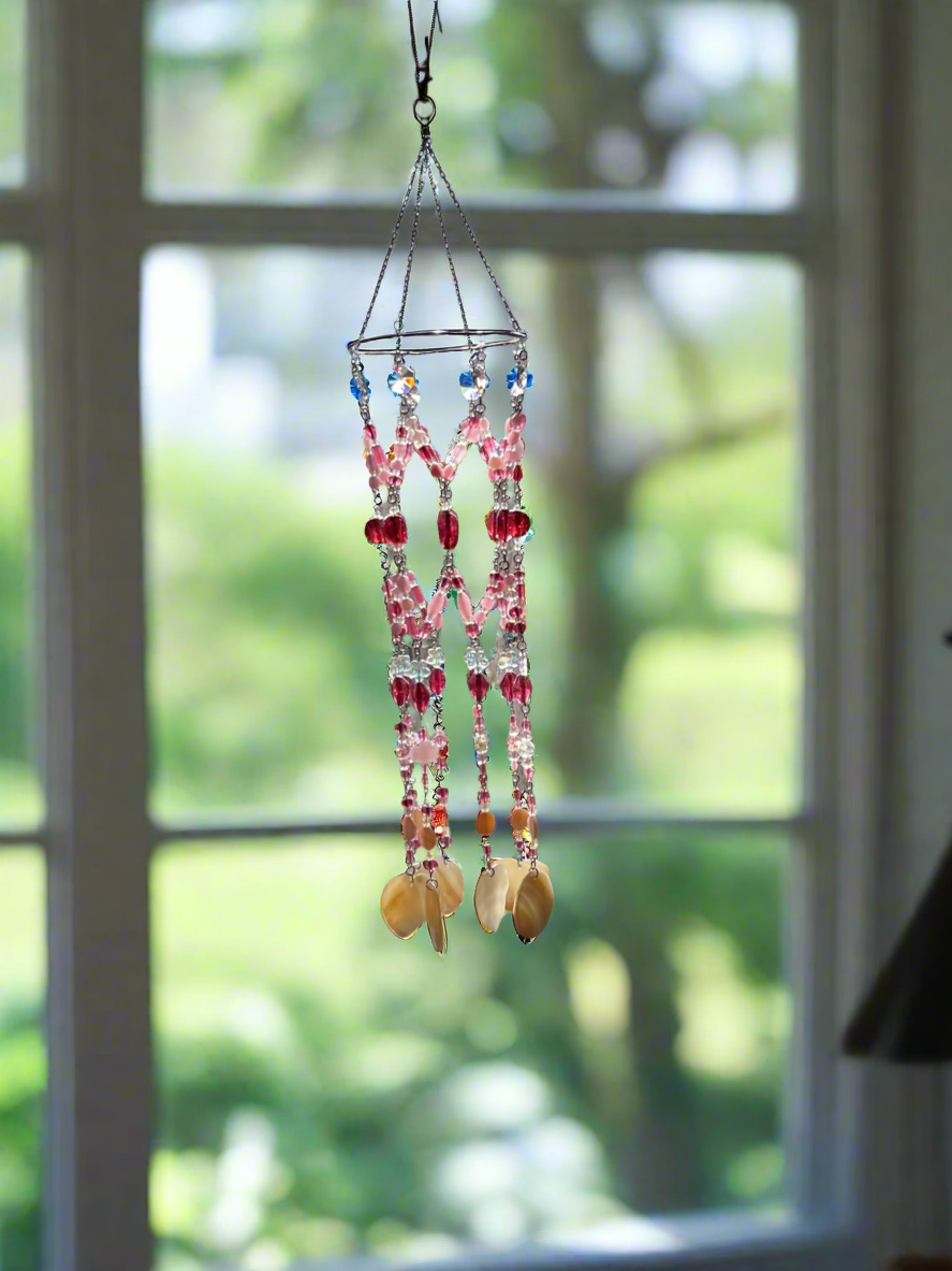 Pink Crystal and Sea Shell Wind Cime Sun Catcher