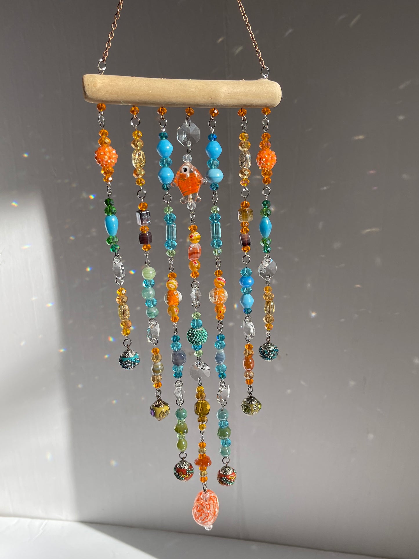 Boho Window Hanging Teal and Orange Crystals