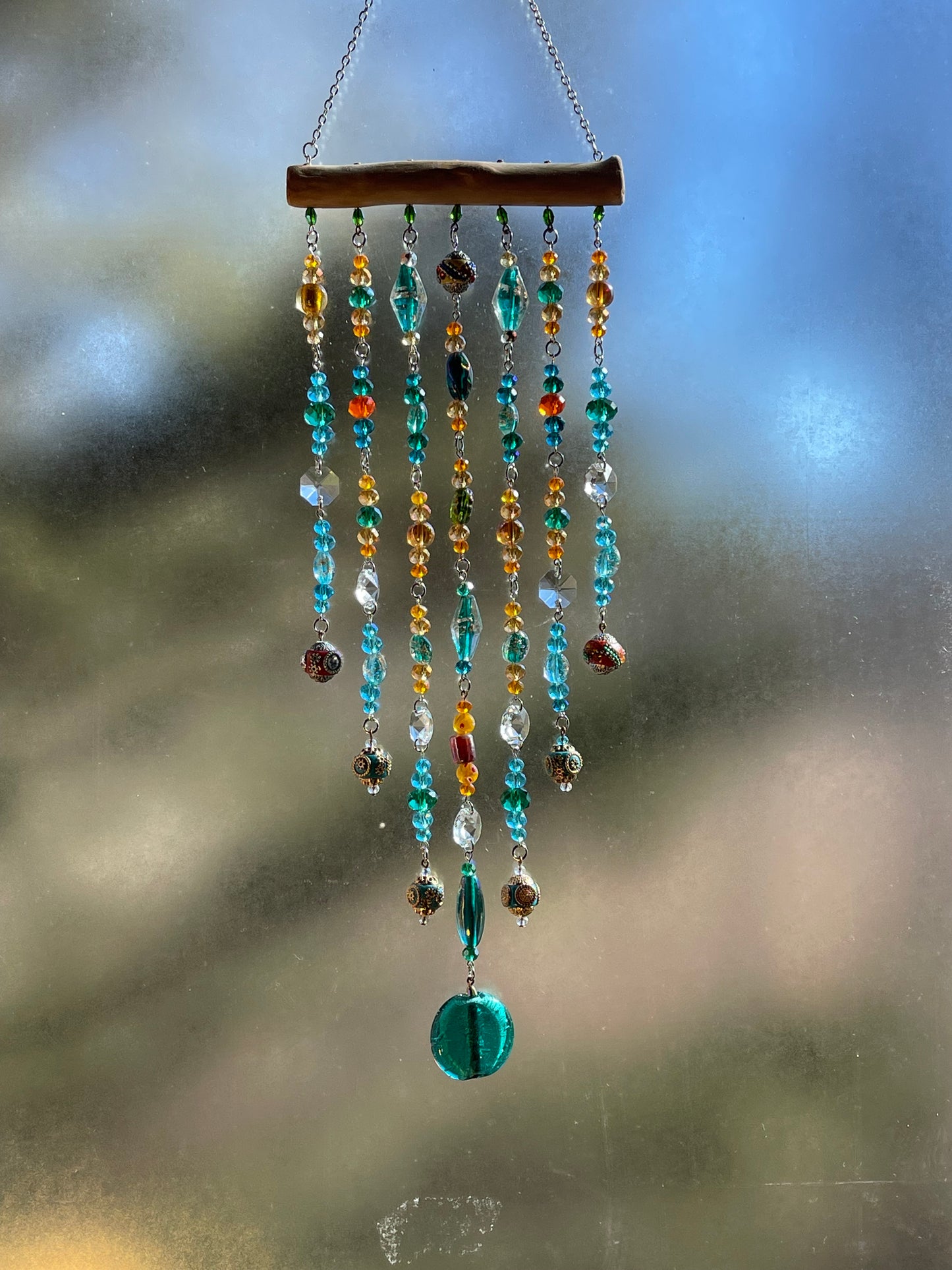 One of a Kind Colorful Beaded Driftwood Sun Catcher for Window