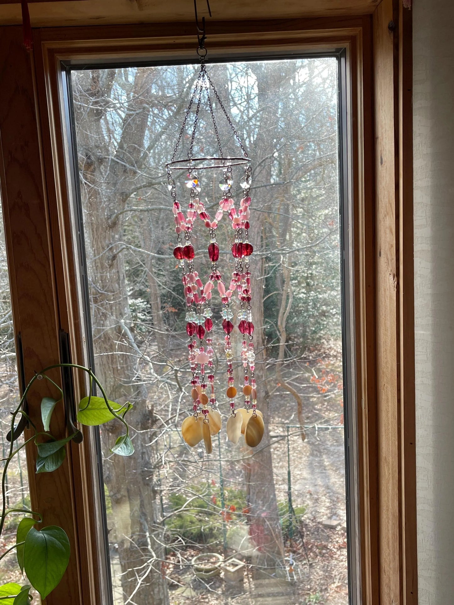 Pink Crystal and Sea Shell Wind Cime Sun Catcher