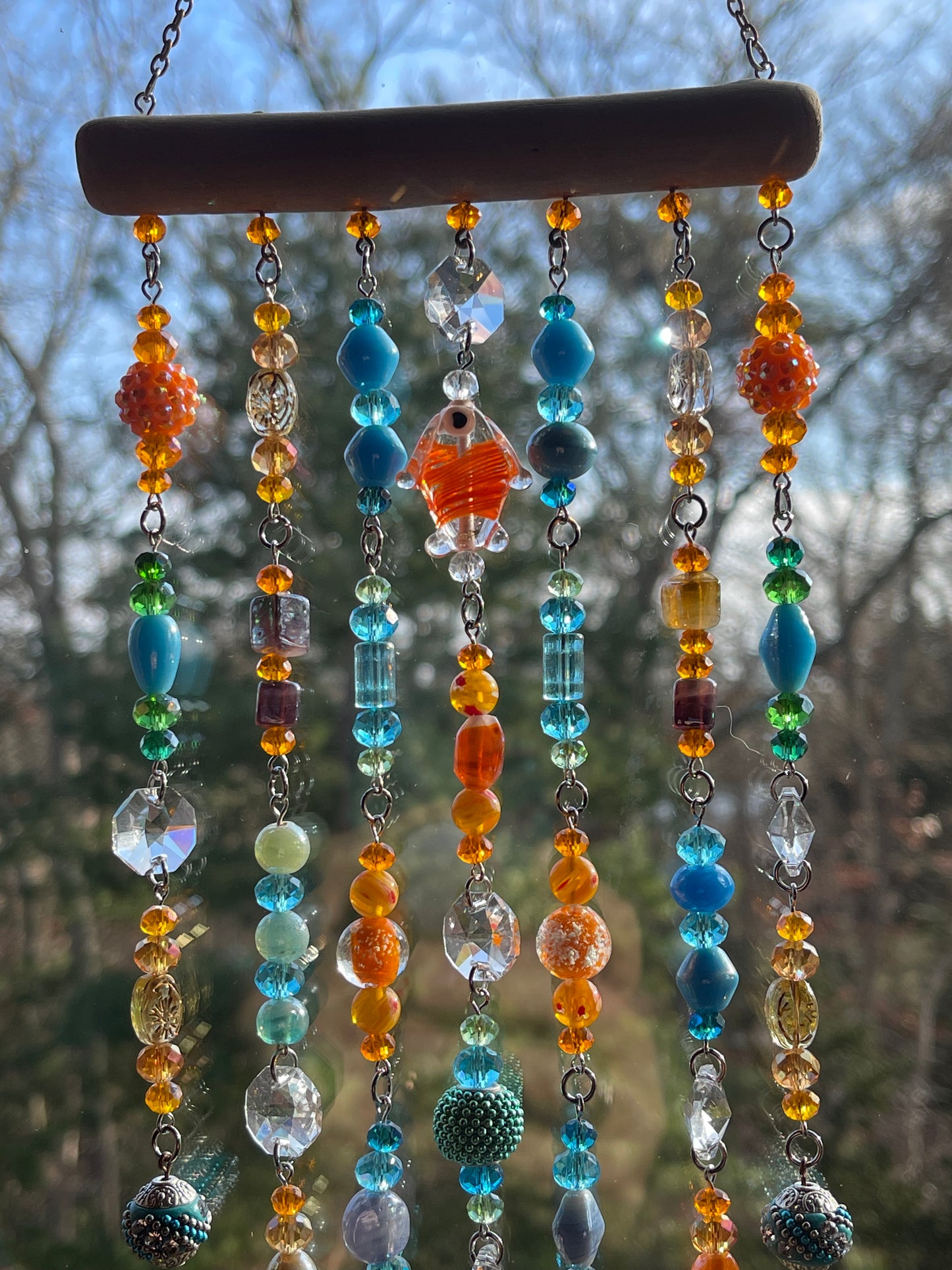 Boho Window Hanging Teal and Orange Crystals