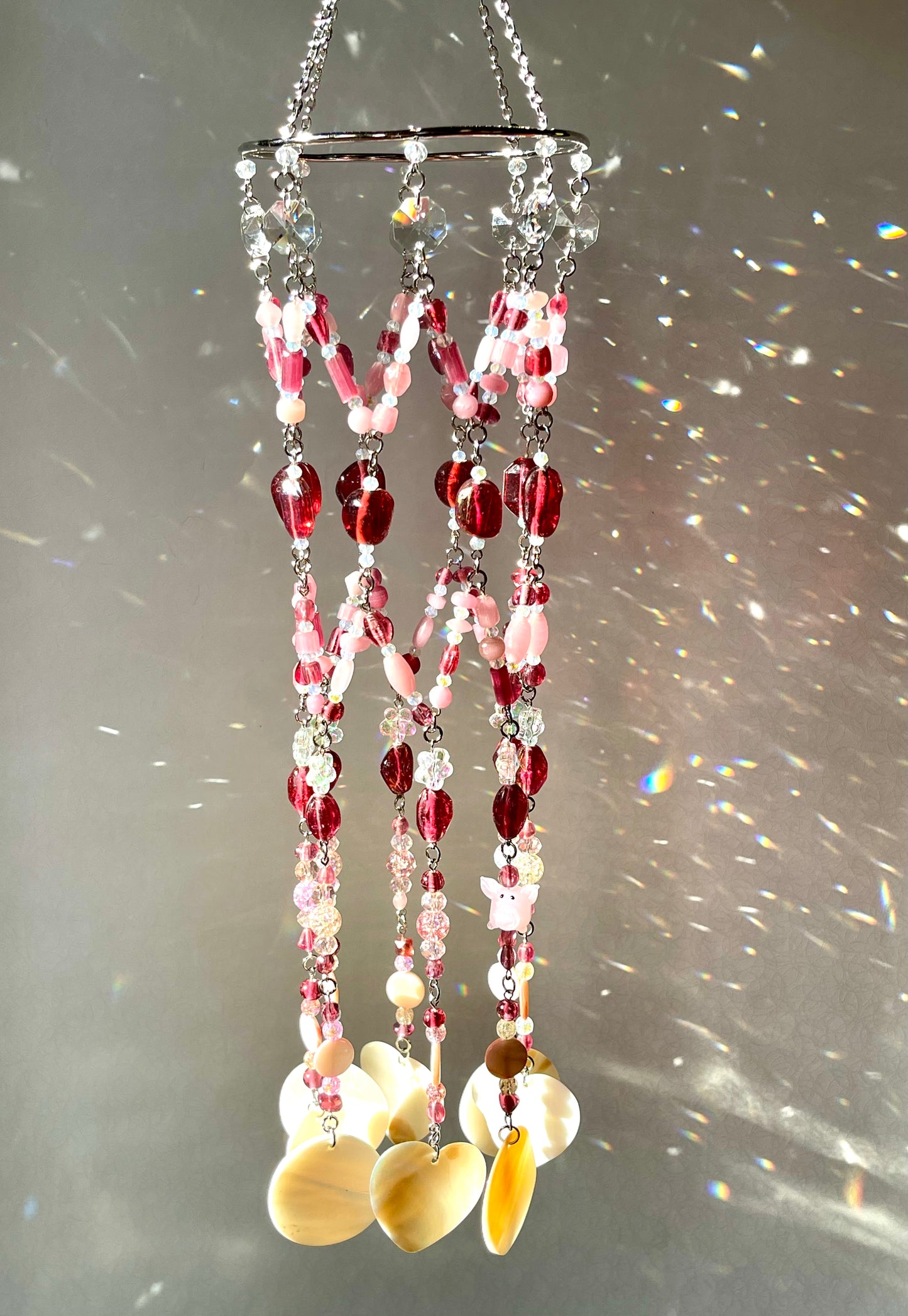 Pink Crystal and Sea Shell Wind Cime Sun Catcher