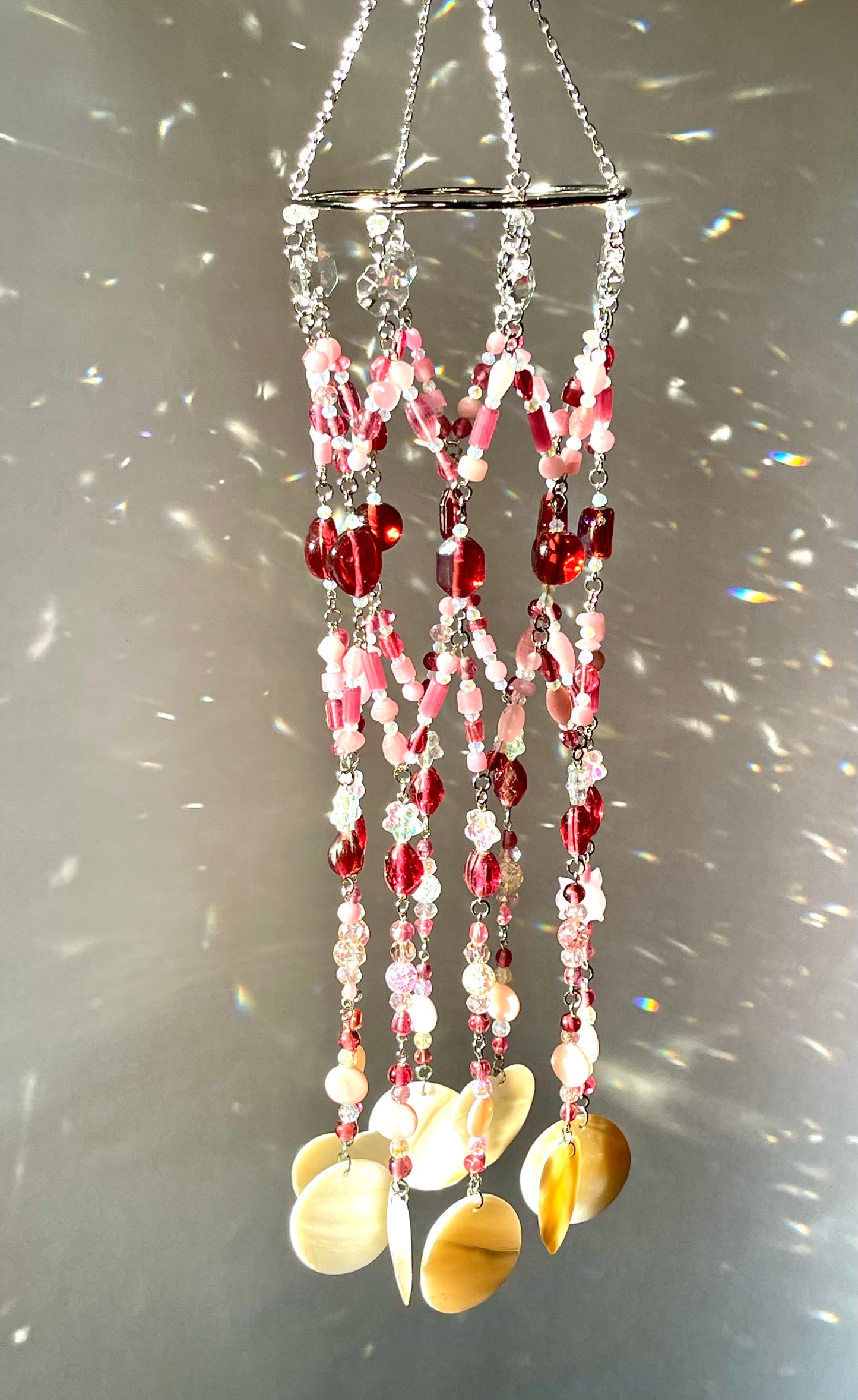 Pink Crystal and Sea Shell Wind Cime Sun Catcher