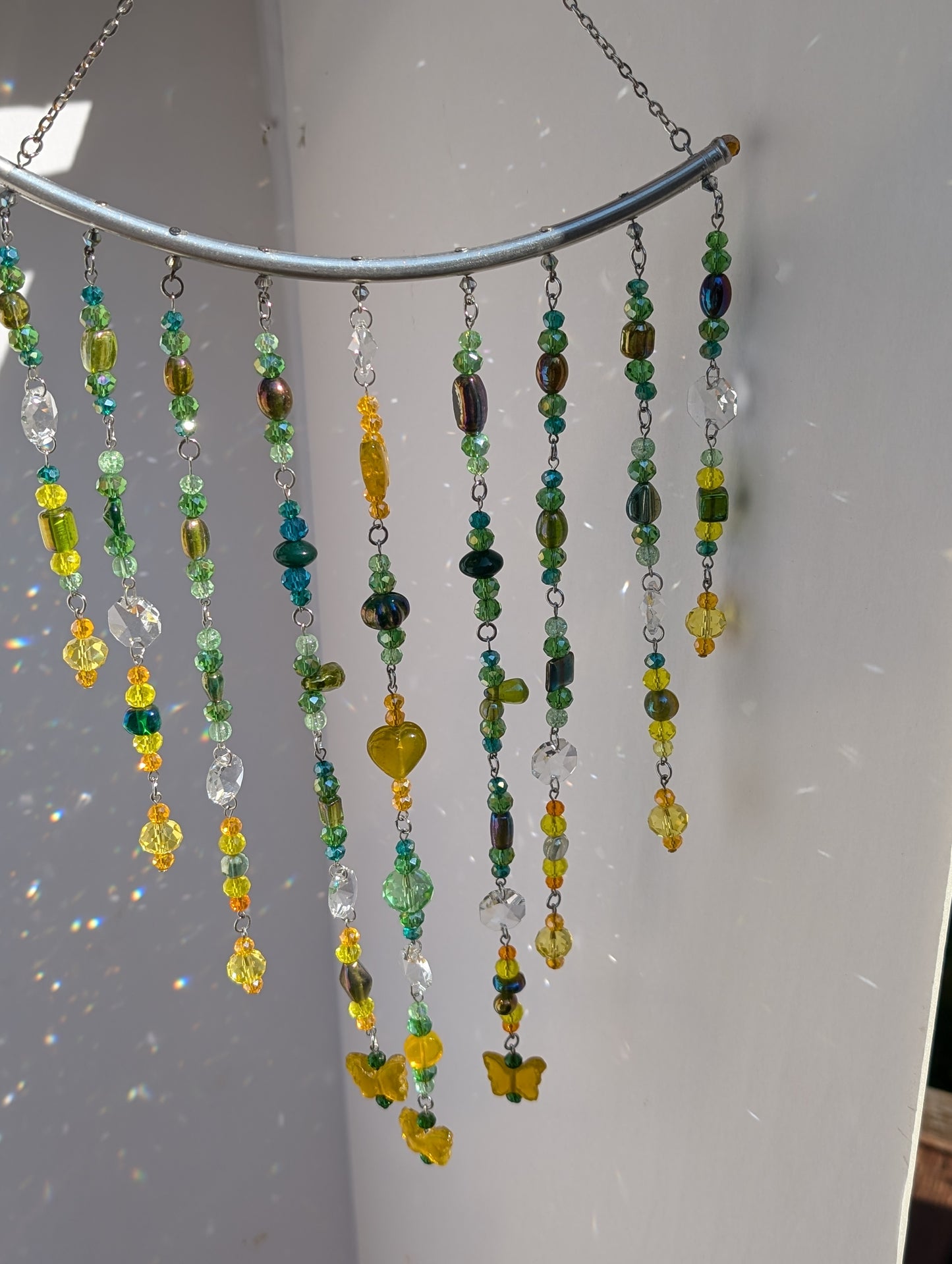 Green + Yellow Crystal Beaded Sun Catcher for Windows with Yellow Butterfly