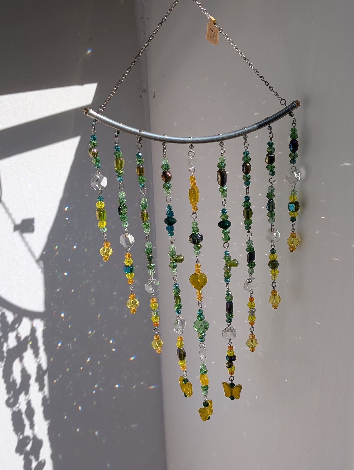 Green + Yellow Crystal Beaded Sun Catcher for Windows with Yellow Butterfly