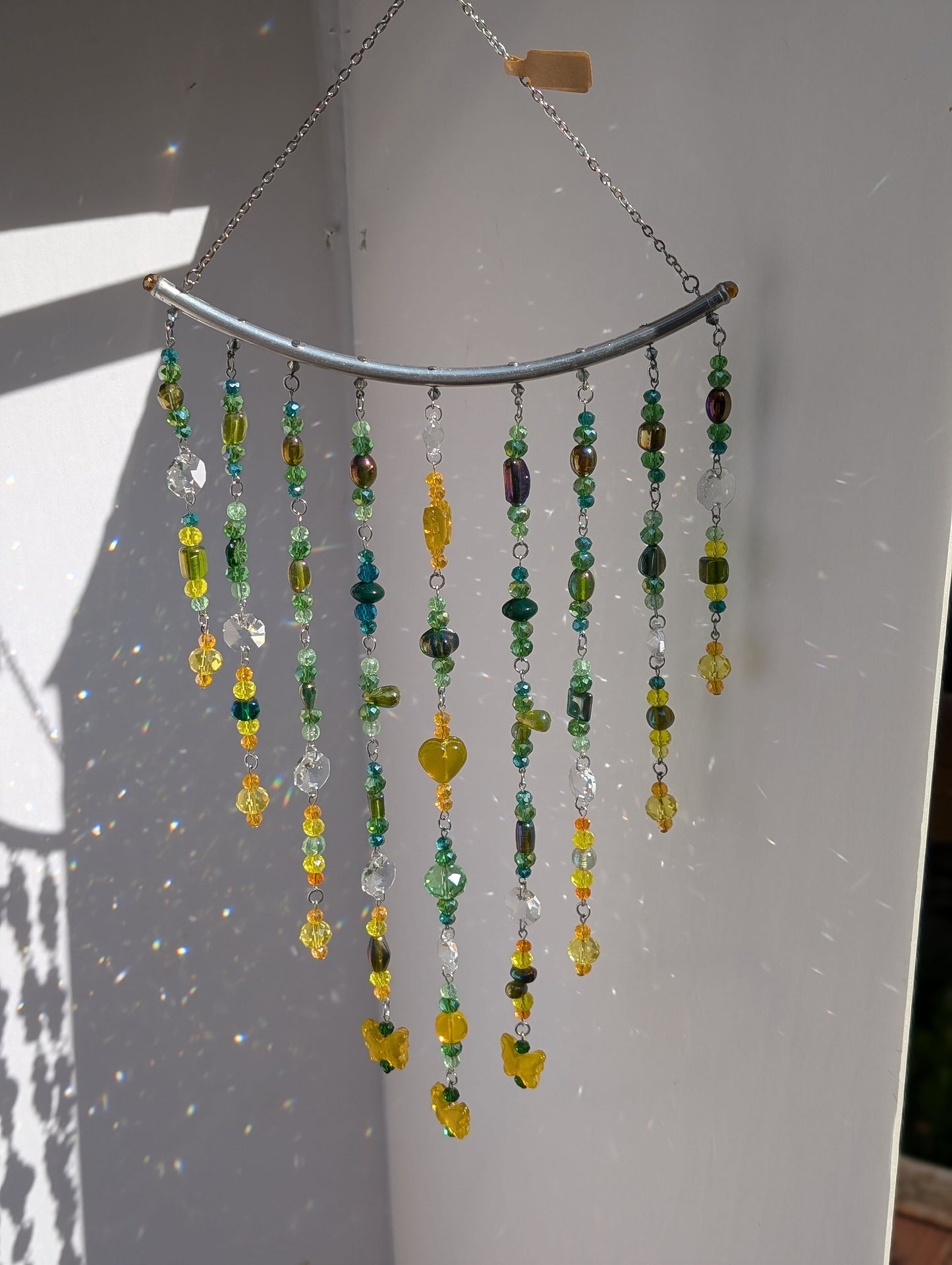 Green + Yellow Crystal Beaded Sun Catcher for Windows with Yellow Butterfly