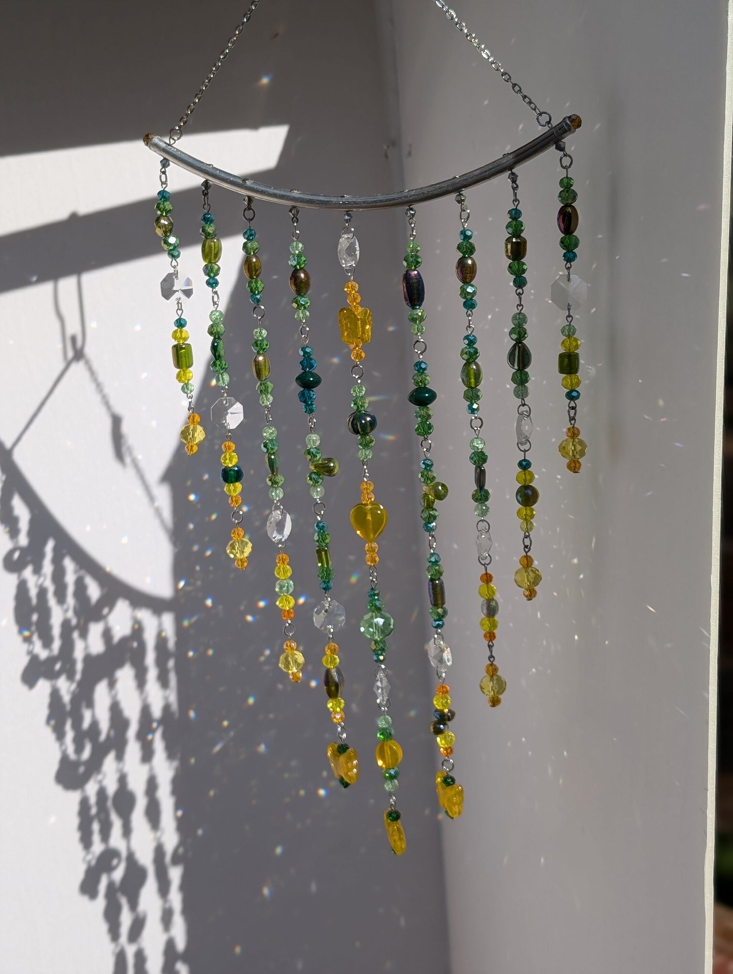 Green + Yellow Crystal Beaded Sun Catcher for Windows with Yellow Butterfly