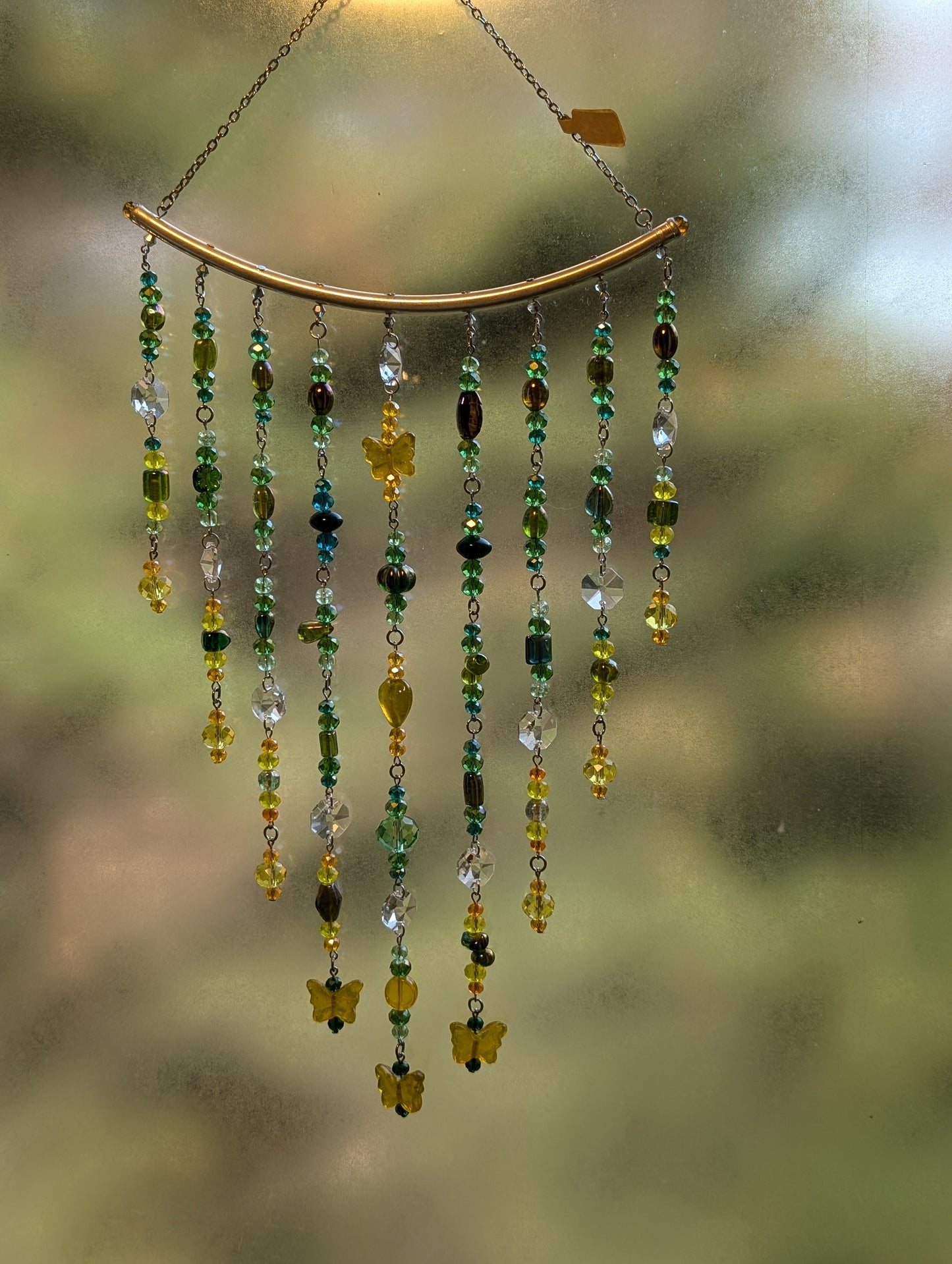 Green + Yellow Crystal Beaded Sun Catcher for Windows with Yellow Butterfly