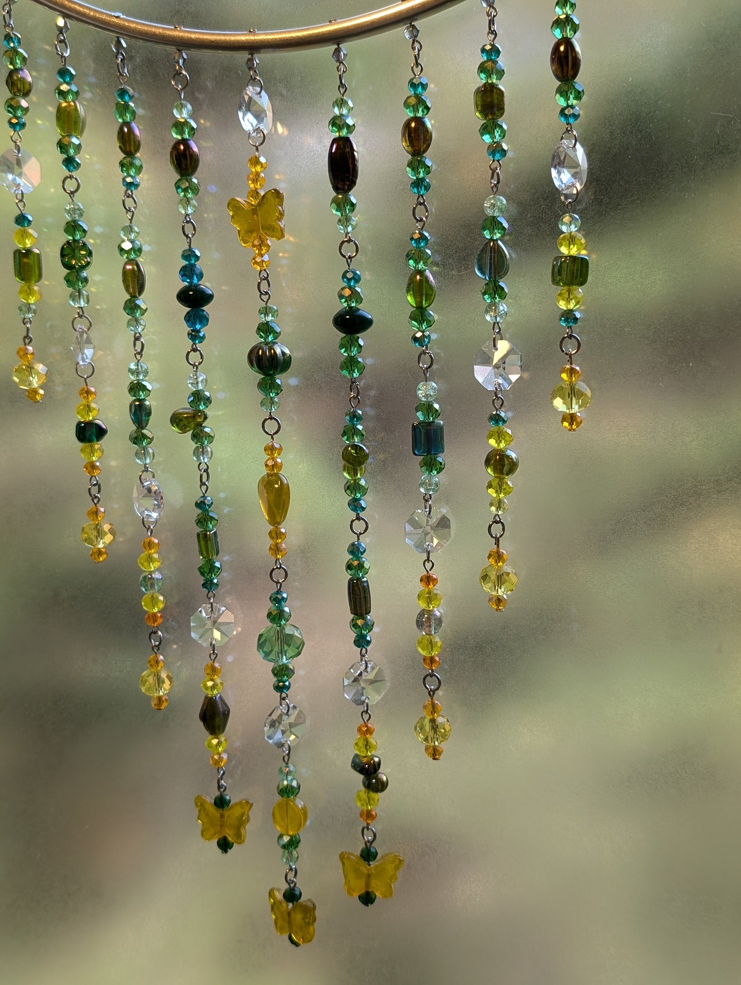 Green + Yellow Crystal Beaded Sun Catcher for Windows with Yellow Butterfly