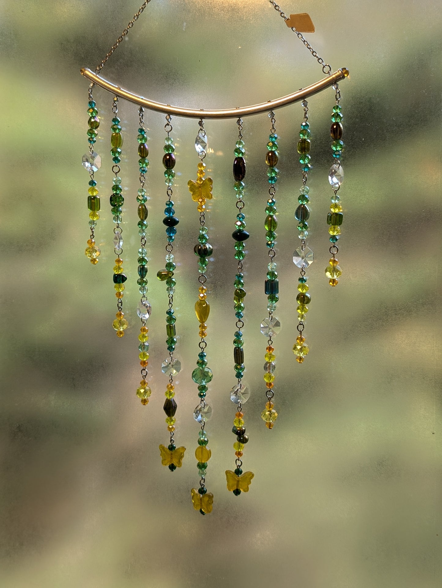 Green + Yellow Crystal Beaded Sun Catcher for Windows with Yellow Butterfly