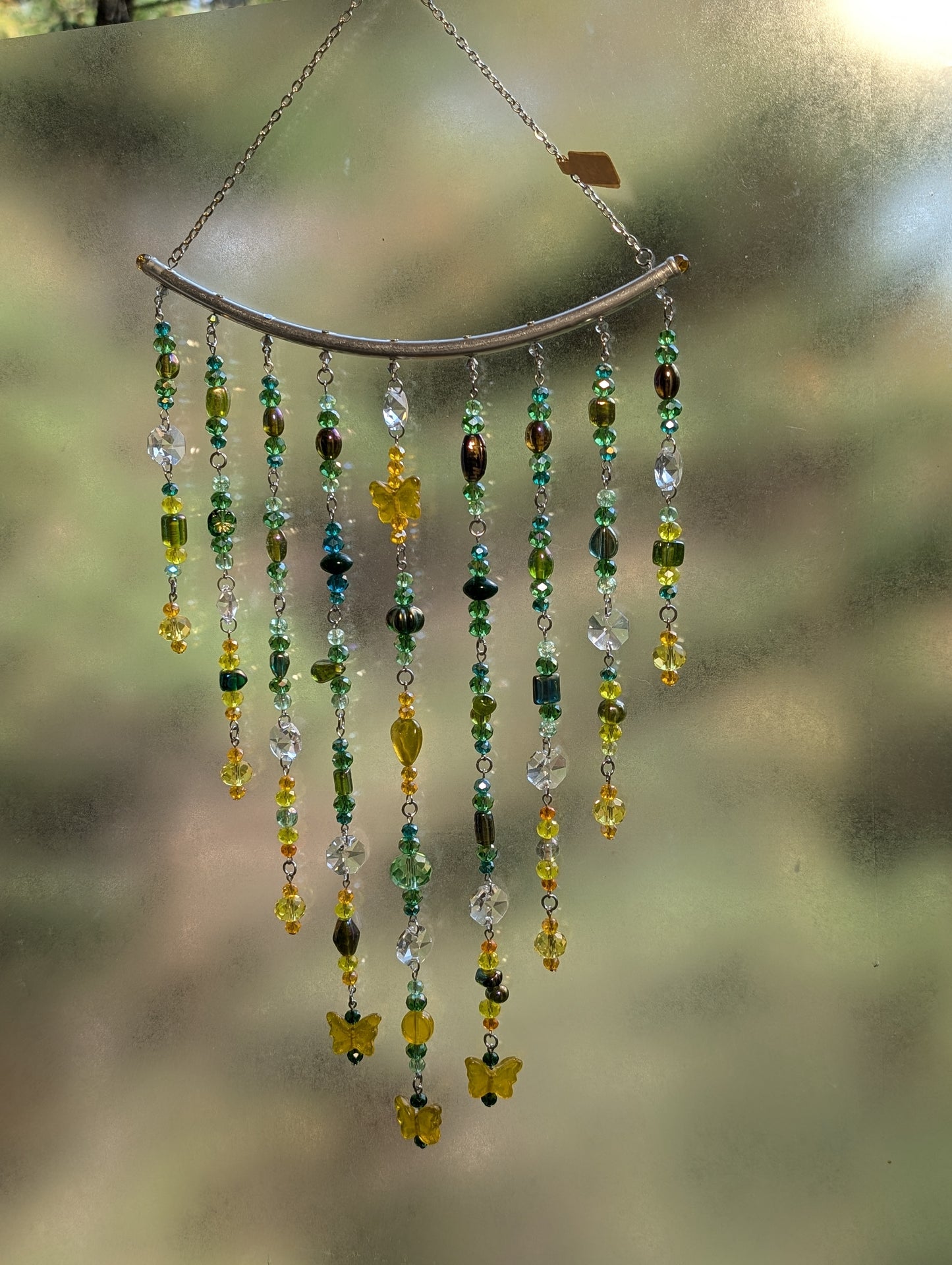 Green + Yellow Crystal Beaded Sun Catcher for Windows with Yellow Butterfly