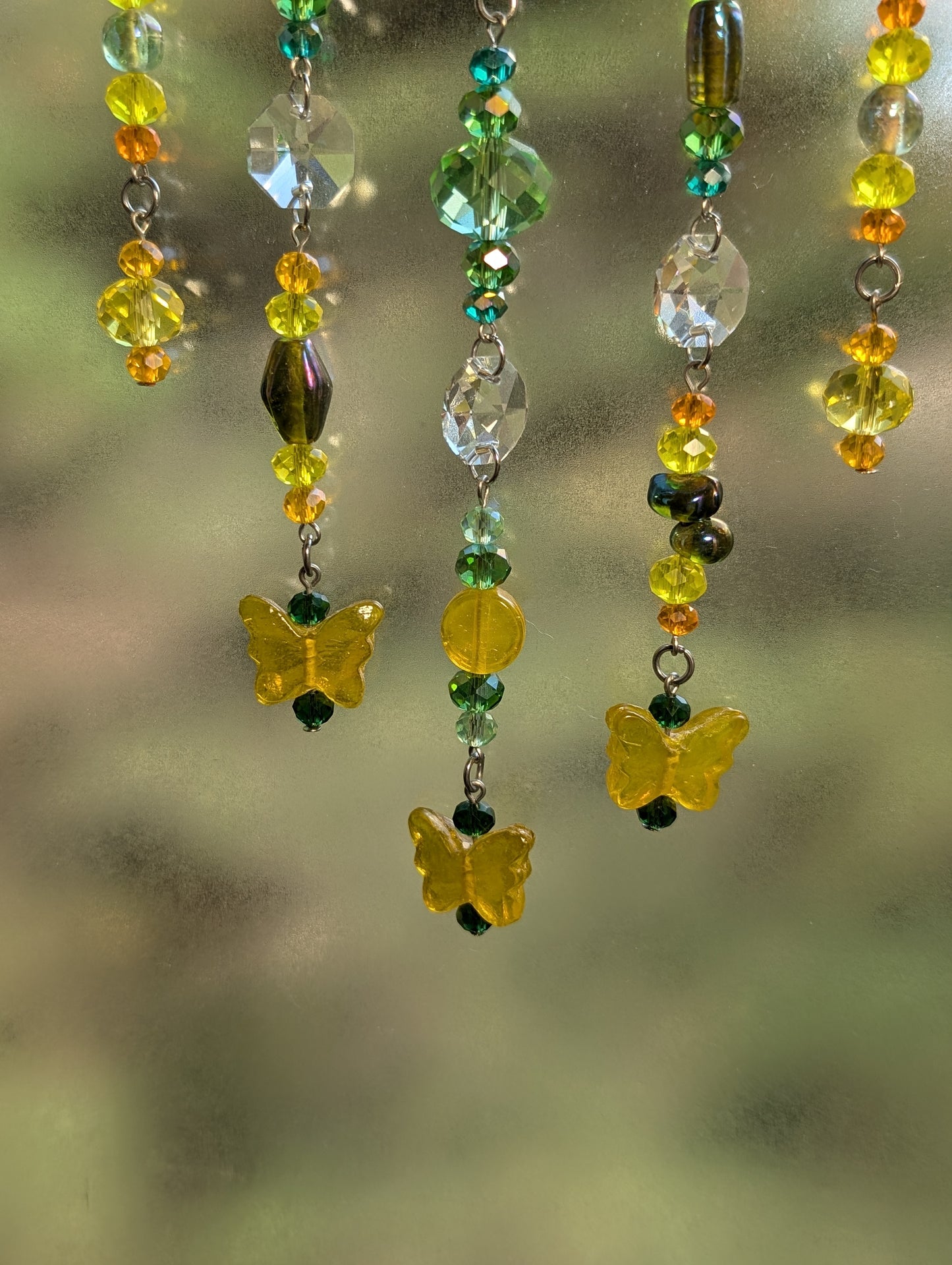 Green + Yellow Crystal Beaded Sun Catcher for Windows with Yellow Butterfly