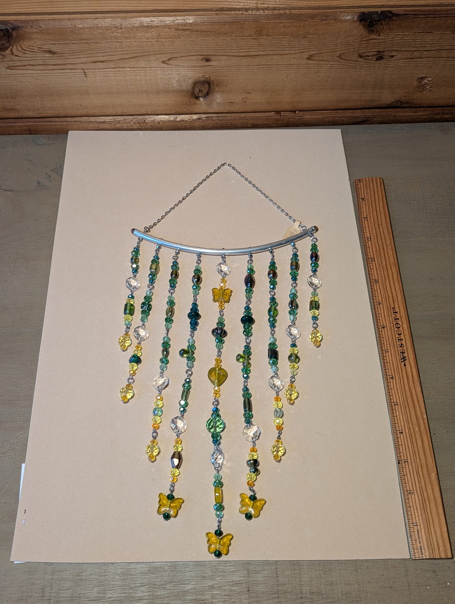 Green + Yellow Crystal Beaded Sun Catcher for Windows with Yellow Butterfly