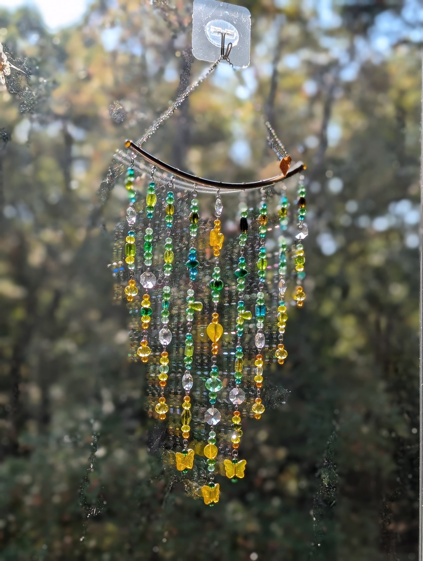 Green + Yellow Crystal Beaded Sun Catcher for Windows with Yellow Butterfly