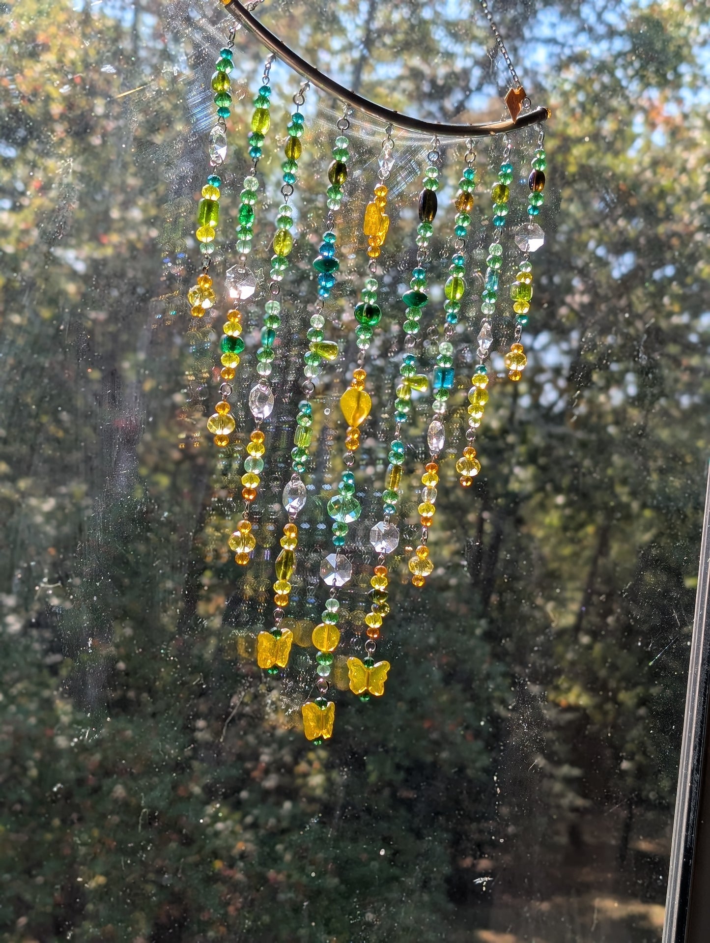 Green + Yellow Crystal Beaded Sun Catcher for Windows with Yellow Butterfly