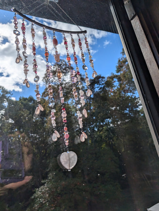 Pink Crystal Coquette Decor Suncatcher with Piggy and Rose Quartz Heart