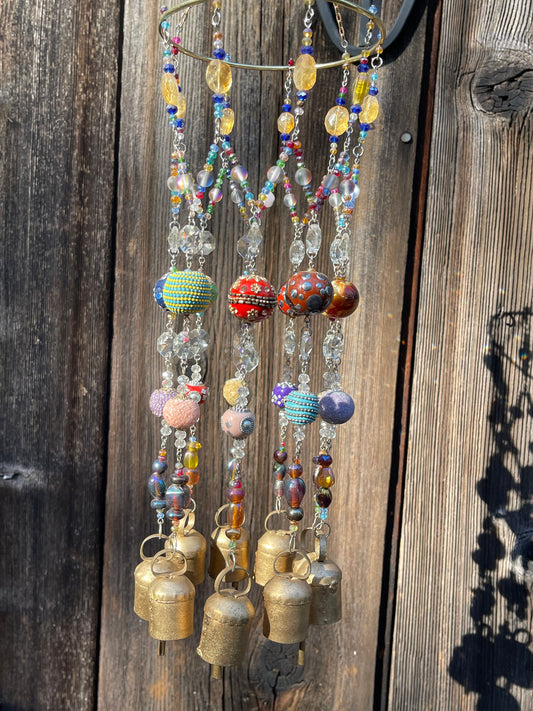Crystal Mobile Sun Catcher with Antique Indian Bells and Citrine Stones